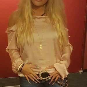 Pale pink silky cold shoulder long sleeve blouse flowy romantic size Medium